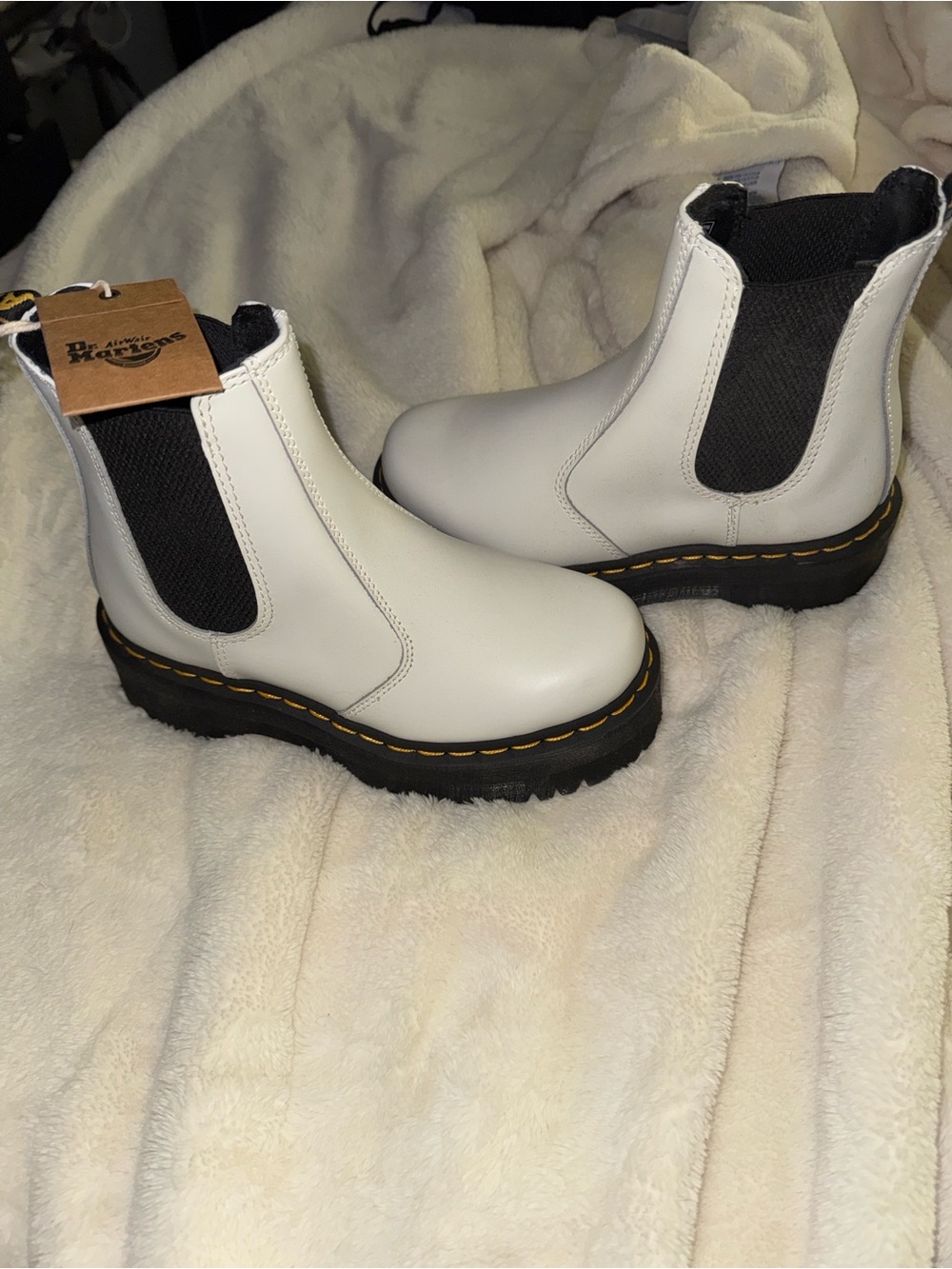 Dr. Martens White Chelsea Platform Ankle Boots with Black Elastic